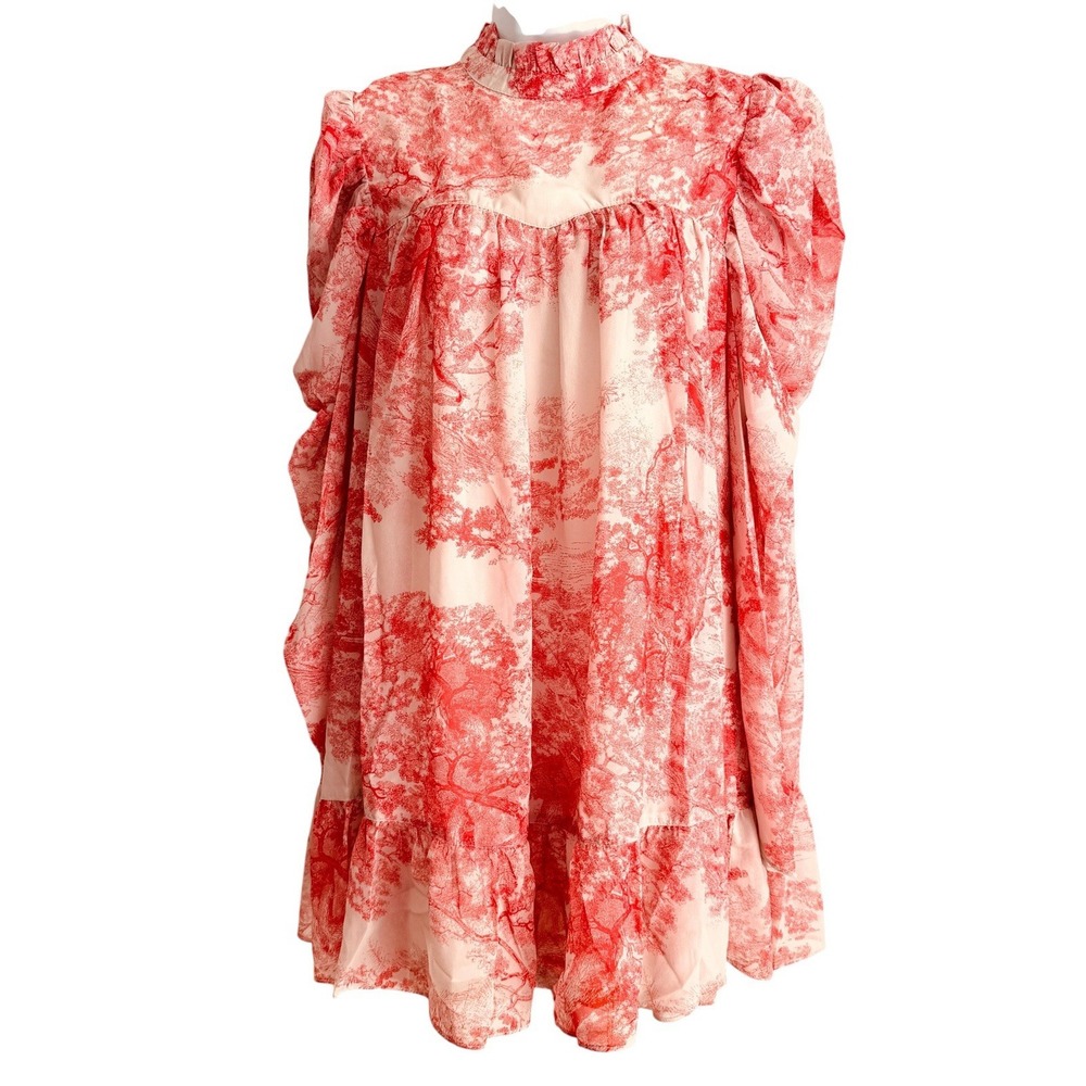 In The Style Babydoll Mini Dress 10 Pink Beige Toile High Neck Puff Sleeve Mock - Picture 4 of 14